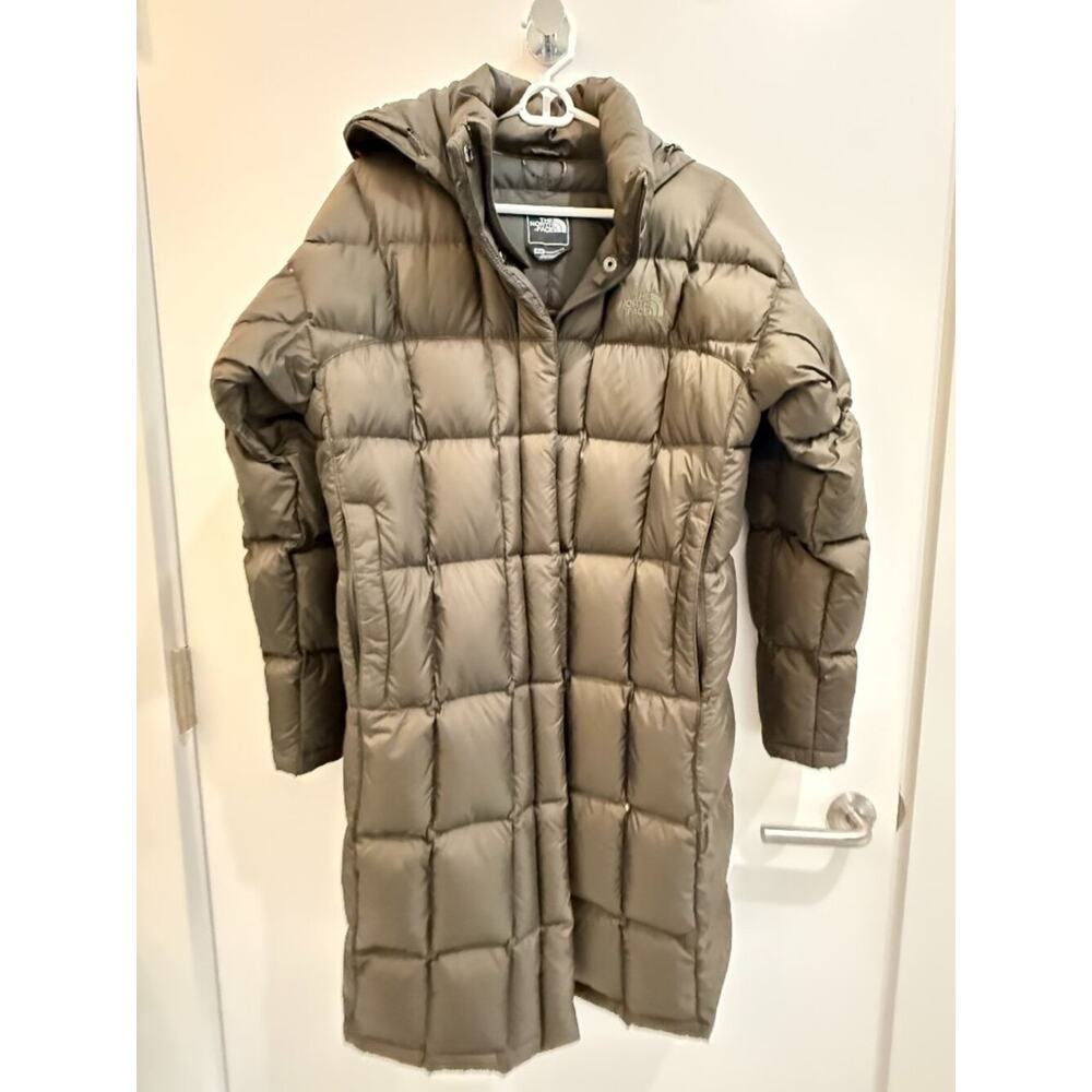 The North Face Olive Green Long Hooded Puffer Coat Size M Winter Warm Down
